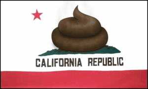 A humorous illustration of the California state flag modified with a poop emoji instead of the bear, symbolizing satire or critique of California politics or policies.
