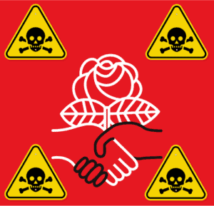 Handshake symbol surrounded by toxic warning signs, representing caution in alliances or agreements with potential dangers or malicious intent. Perfect illustration for warning about risks, safety concerns, or compromised trust.