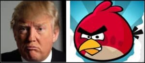 Donald Trump and Angry Bird cartoon character side by side, representing political controversy and pop culture.