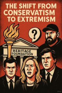 Discussions on political shift from conservatism to extremism, Heritage Foundation influence, and impacts on American politics, featuring diverse perspectives and analysis on conservative movement trends.