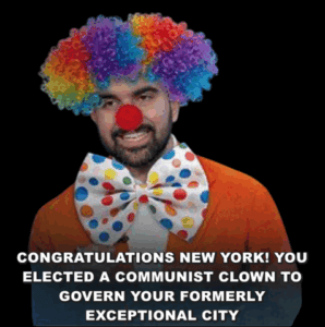 Colorful clown with rainbow wig and polka dot bow tie celebrating New York's political shift, representing political satire and commentary on city governance, featured in an article on One Citizen Speaking.