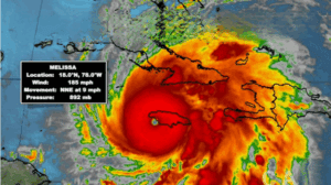 Hurricane Melissa approaching the coast with intense winds and storm conditions, captured on weather radar. The image highlights storm severity, emphasizing hurricane tracking and weather alert updates.