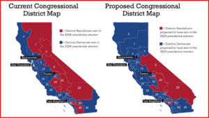 California district map comparison between current and proposed congressional districts, highlighting the political landscape for the 2024 election with Republican and Democratic district winners.