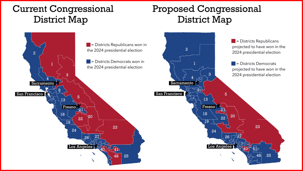 California district map comparison between current and proposed congressional districts, highlighting the political landscape for the 2024 election with Republican and Democratic district winners.