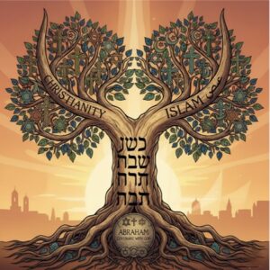 Tree of faith with intertwined branches labeled Christianity, Islam, and Judaism, featuring a biblical verse at the base, symbolizing religious unity and spirituality.