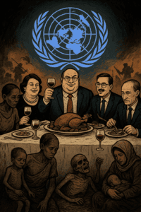 - A satirical illustration of world leaders dining at a table with a backdrop of the United Nations emblem, highlighting political commentary and social critique.