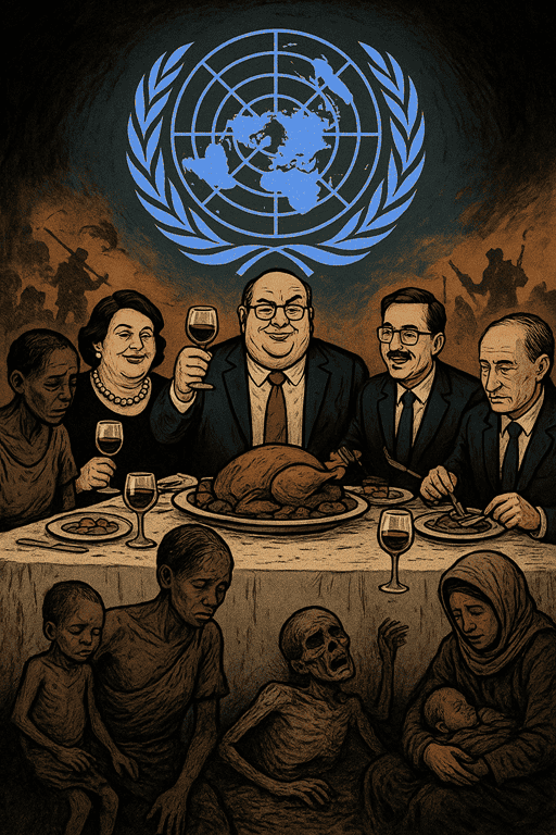 - A satirical illustration of world leaders dining at a table with a backdrop of the United Nations emblem, highlighting political commentary and social critique.