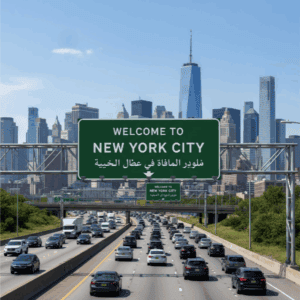 Highway leading into New York City with a large green welcome sign, skyscrapers including One World Trade Center in the background, emphasizing urban traffic, city entrance, and travel to New York City.